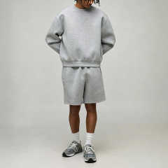 Custom Grey Heavyweight Vintage Tracksuit 2 Pieces Crew Neck Pullover Boxy Fit Cotton Fleece Men's Urban Streetwear Short Set