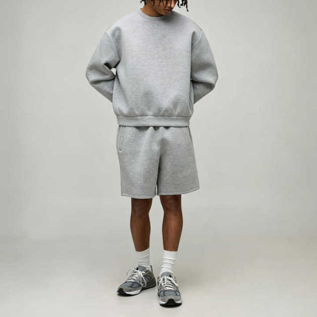 Custom Grey Heavyweight Vintage Tracksuit 2 Pieces Crew Neck Pullover Boxy Fit Cotton Fleece Men's Urban Streetwear Short Set