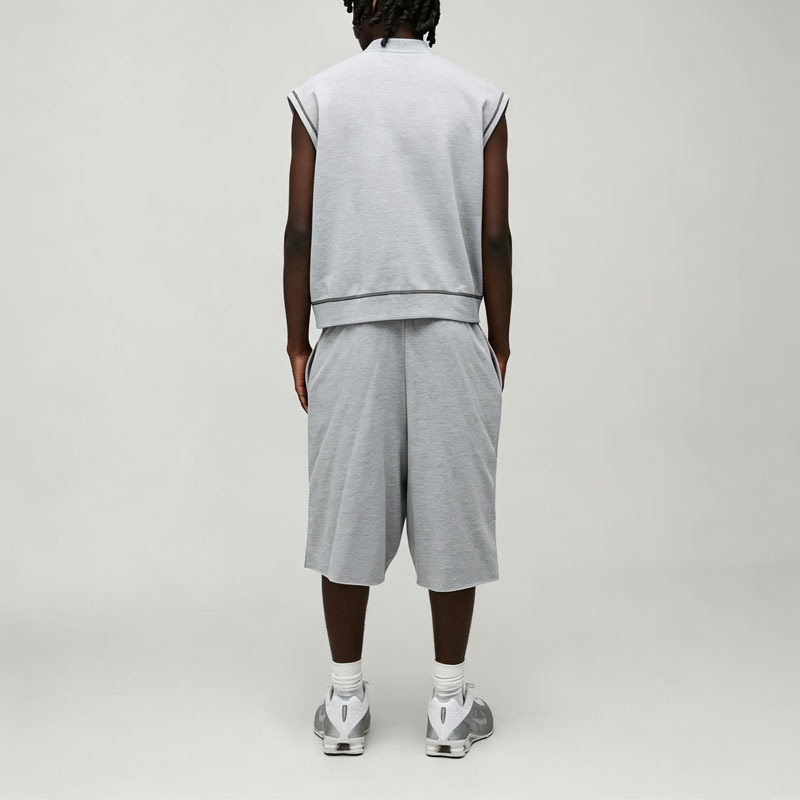 Contrast Stitching Sleeveless Full Zip Vest Knee Length Shorts 2 Pieces Heather Grey French Terry Men's Urban Tracksuit Set