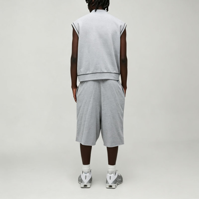 Contrast Stitching Sleeveless Full Zip Vest Knee Length Shorts 2 Pieces Heather Grey French Terry Men's Urban Tracksuit Set