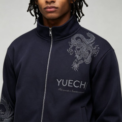 Custom Embroidery 2 Pieces Stand Collar Full Zip Bomber Jacket Wide Leg Pants Navy Blue Cotton Men's Autumn Streetwear