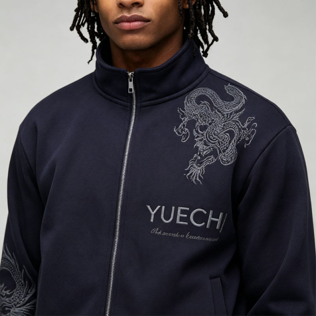 Custom Embroidery 2 Pieces Stand Collar Full Zip Bomber Jacket Wide Leg Pants Navy Blue Cotton Men's Autumn Streetwear