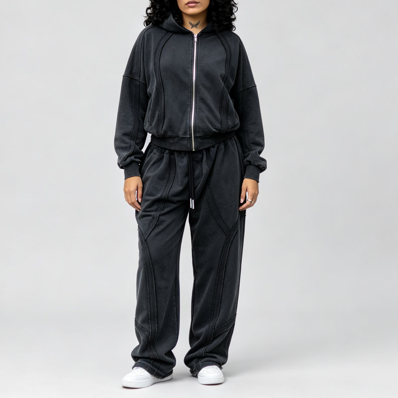 Custom Men's Acid Wash 100% Cotton French Terry Zip up Hoodie Wide Leg Sweatpants Raw Edge Seam Deconstructed Street Tracksuit