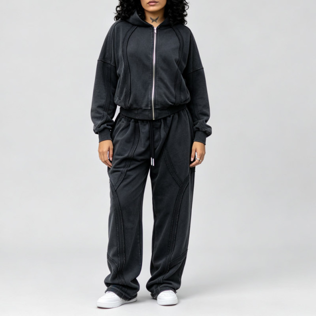 Custom Men's Acid Wash 100% Cotton French Terry Zip up Hoodie Wide Leg Sweatpants Raw Edge Seam Deconstructed Street Tracksuit