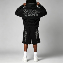 Custom Men Pullover Tracksuit 500G 100% Cotton French Terry Rhinestone Embroidery Oversized Hoodie Knee Length Shorts Streetwear