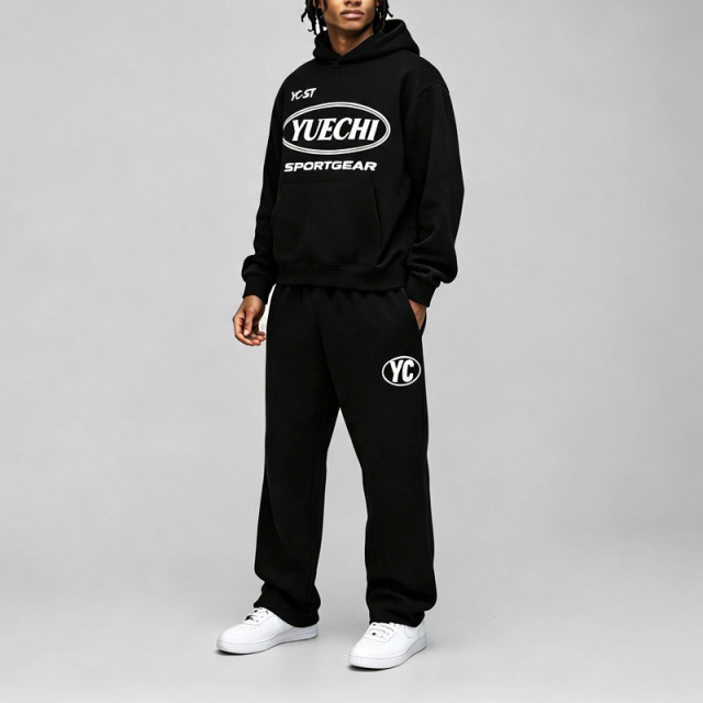 Custom Screen Print 100% Cotton French Terry Winter Hooded 2 Pieces Boxy Fit Wide Leg Black Pullover Men's Streetwear Tracksuit