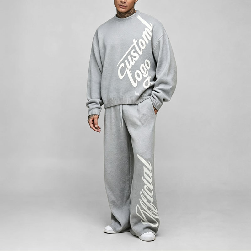 Custom Men's Dtg Printing Boxy Fit Knitted Sweater & Wide Leg Trousers Set Acrylic Knit Streetwear Two Piece Sweater Set