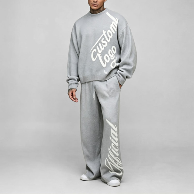Custom Men's Dtg Printing Boxy Fit Knitted Sweater & Wide Leg Trousers Set Acrylic Knit Streetwear Two Piece Sweater Set