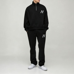 Custom Mens Winter Boxy Quarter Zip Funnel Neck Embroidered Flared Jogger Tracksuit Fleece Back Screen Printing Black Streetwear