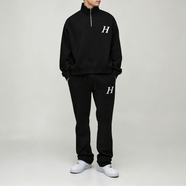 Custom Mens Winter Boxy Quarter Zip Funnel Neck Embroidered Flared Jogger Tracksuit Fleece Back Screen Printing Black Streetwear