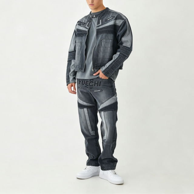 Custom Men's Boxy Cropped Denim Moto Biker Jacket & Straight Denim Pant Set Applique Embroidery Racing Streetwear Two Piece Set