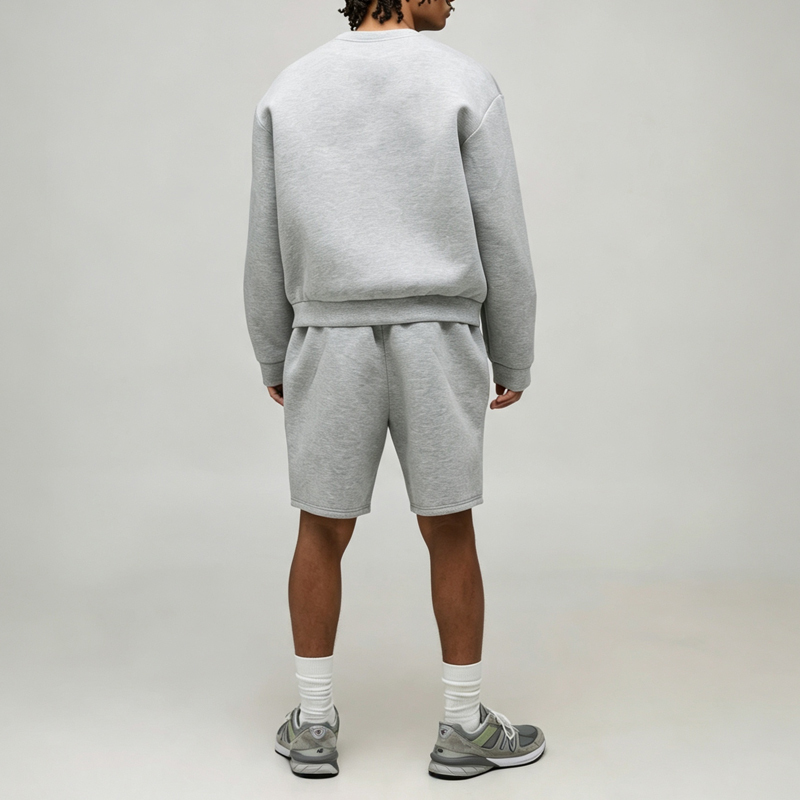 Custom Grey Heavyweight Vintage Tracksuit 2 Pieces Crew Neck Pullover Boxy Fit Cotton Fleece Men's Urban Streetwear Short Set