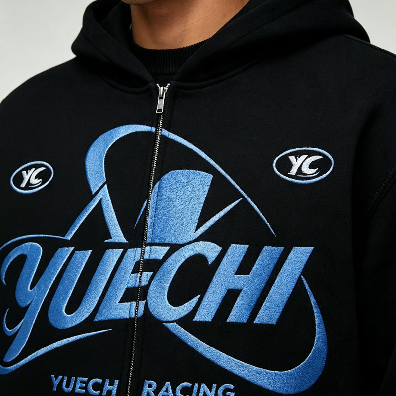 Custom Puff Printing Embroidery 2 Pieces Full Zip up Boxy Fit Wide Leg Black Cotton French Terry Men's Heavyweight Tracksuit