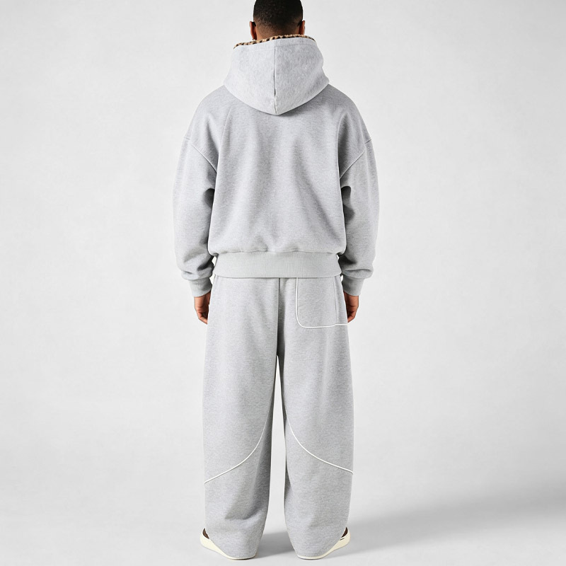 Men Oversized Heavyweight 100% Cotton Fleece Leopard Lining Applique DTG Print Contrast White Piping Wide Leg Hip Hop Tracksuit