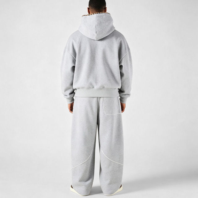 Men Oversized Heavyweight 100% Cotton Fleece Leopard Lining Applique DTG Print Contrast White Piping Wide Leg Hip Hop Tracksuit