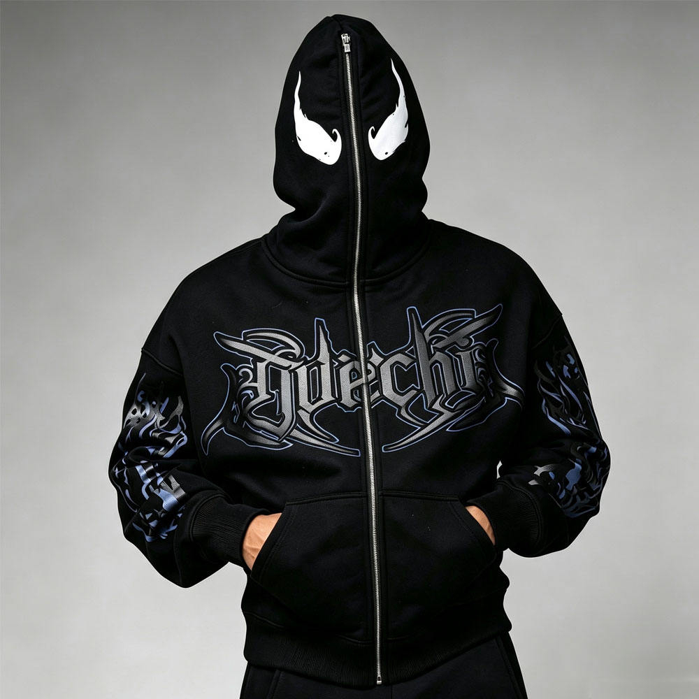 Custom Streetwear Mens Mask Full Zip Hooded 2 Piece Set Boxy Oversized Puff Print Gothic Heavy Cotton Fleece Wide Leg Tracksuit