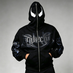 Custom Streetwear Mens Mask Full Zip Hooded 2 Piece Set Boxy Oversized Puff Print Gothic Heavy Cotton Fleece Wide Leg Tracksuit