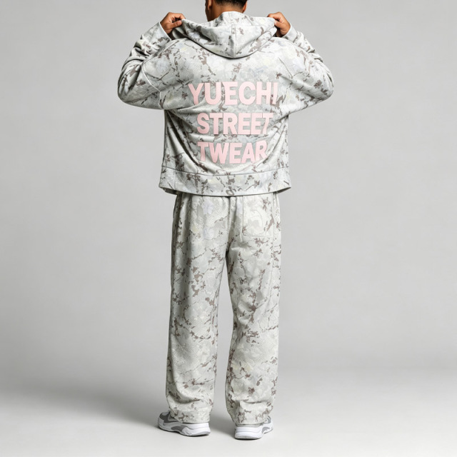 Men All Over Camo Print Full Zip Hooded Tracksuit Boxy Oversized Dropped Shoulder Silkscreen Print Streetwear Two Piece Set
