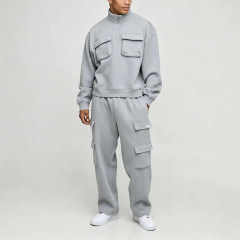 Custom Quarter Zip Funnel Neck Boxy Fit Baggy Sage Green Soft Polyester Embroidery 2 Pieces Men's Cargo Pocket Tracksuit