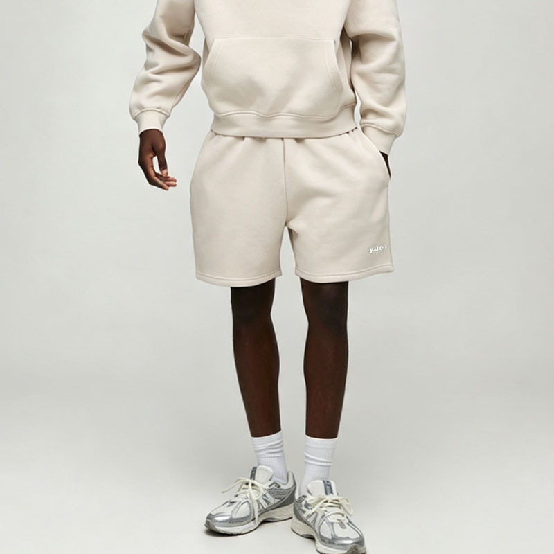 Custom Made Off White Minimalist Embroidery 2 Pieces Pullover Hoodie Shorts Set Cotton Fleece Men's Streetwear Tracksuit