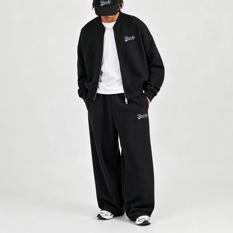 Men Oversized Cropped Boxy Heavyweight Jersey Bomber Jacket Wide Leg Sweatpants 2 Piece Set 100% Cotton Embroidery Tracksuit