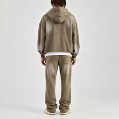 Custom Men Boxy Cropped Full Zip Hoodie Tracksuit Khaki Heavyweight 100% Cotton French Terry Raw Hem Applique Embroidery