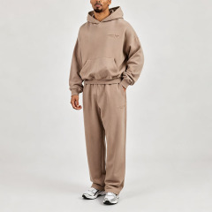 Custom Men Heavyweight 100% Cotton Soft Jersey Applique Hoodie Relaxed Jogger Set Elasticated Waistband Streetwear Tracksuit
