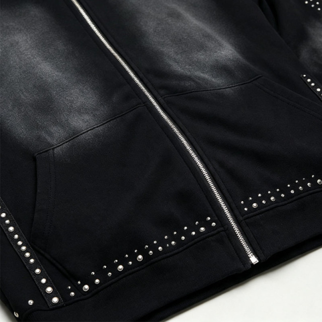 Custom Sun Faded Studded Rivet Boxy Fit 2 Pieces Full Zip up Baggy Wide Leg Urban Streetwear Men's 100% Cotton Tracksuit