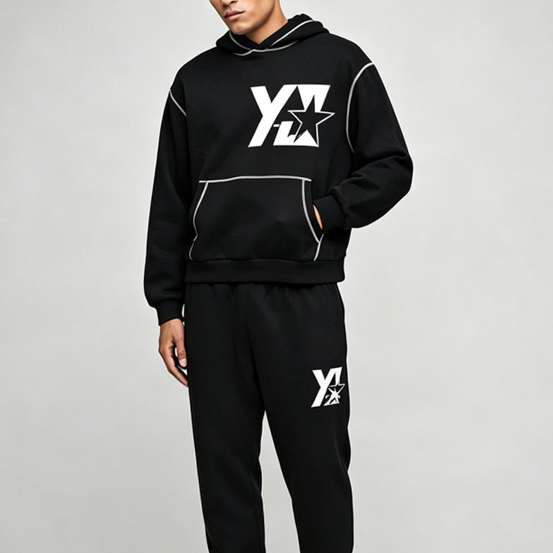 Custom Men's Contrast Stitch Hooded Tracksuit Soft 100% Cotton Fleece Winter Streetwear Two Piece Hoodie Jogger Set