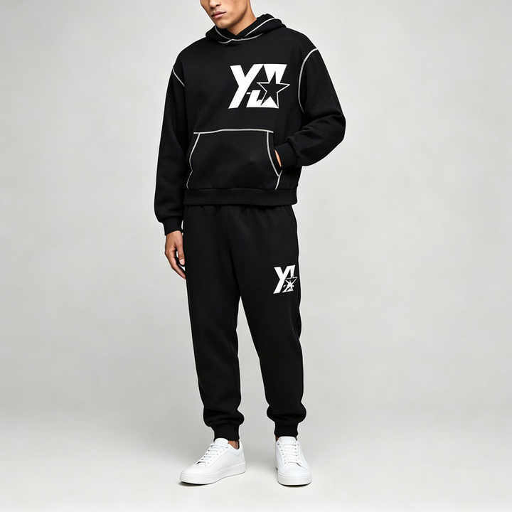 Custom Men's Contrast Stitch Hooded Tracksuit Soft 100% Cotton Fleece Winter Streetwear Two Piece Hoodie Jogger Set