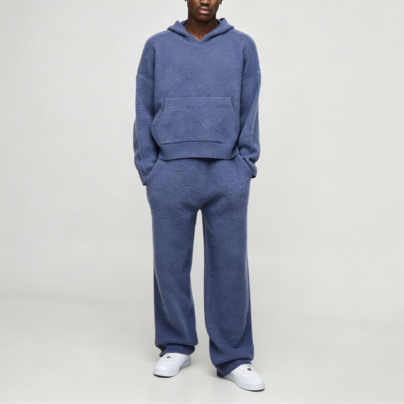 Custom Brushed Fleece Knit 100% Cotton 2 Pieces Boxy Fit Flared Jogger Pullover Hoodie Solid Winter Warm Men's Relaxed Tracksuit
