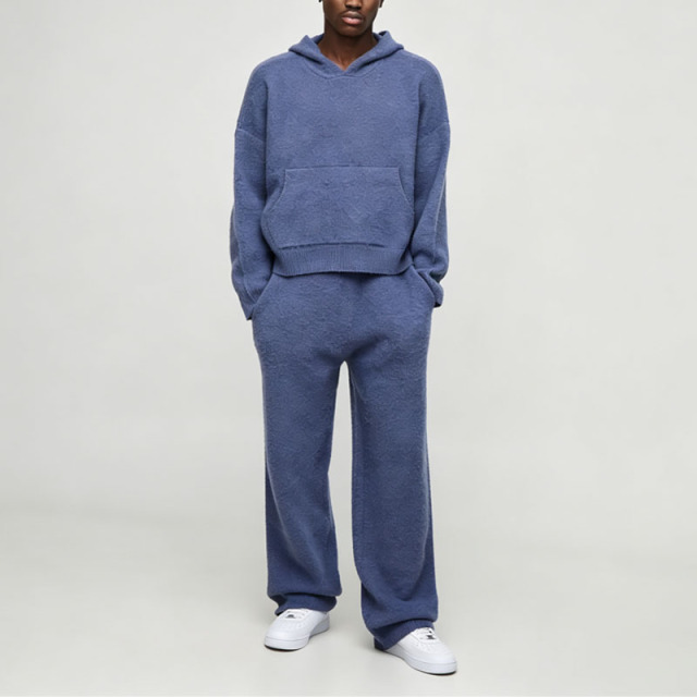 Custom Brushed Fleece Knit 100% Cotton 2 Pieces Boxy Fit Flared Jogger Pullover Hoodie Solid Winter Warm Men's Relaxed Tracksuit