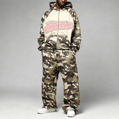 Men Full Zip up Hooded Tracksuit DTG Full Camo Print Raglan Sleeve Chenille Embroidery Screen Print Oversized Street 2 Piece Set