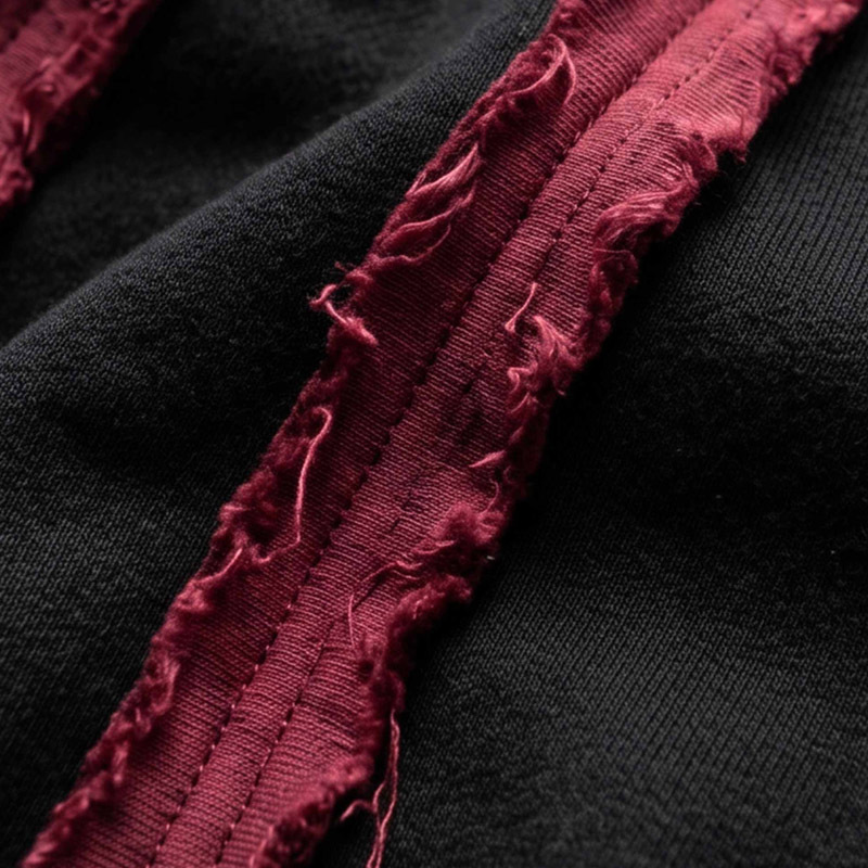 Custom Men's Black Burgundy Contrast Jersey Knit Tracksuit Deconstructed Raw Edge Full Zip Hoodie Embroidery Wide Leg Pants