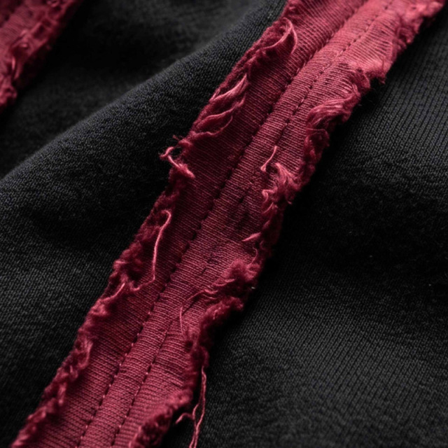 Custom Men's Black Burgundy Contrast Jersey Knit Tracksuit Deconstructed Raw Edge Full Zip Hoodie Embroidery Wide Leg Pants