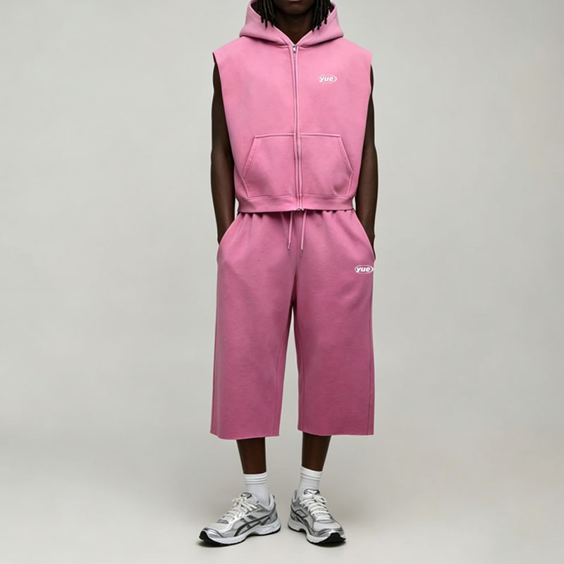 Custom Men's Winter Oversized Washed Sleeveless Zip Hooded Vest Cropped Wide Leg Jogger Tracksuit Fleece Embroidered Logo
