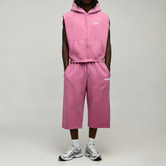 Custom Men's Winter Oversized Washed Sleeveless Zip Hooded Vest Cropped Wide Leg Jogger Tracksuit Fleece Embroidered Logo