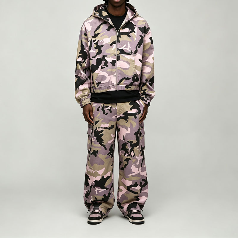 Custom Camo Twill 100% Cotton Full Zip 2 Pieces Hooded Boxy Fit Cropped Wide Leg Pink Purple Men's Lightweight Tracksuit Set