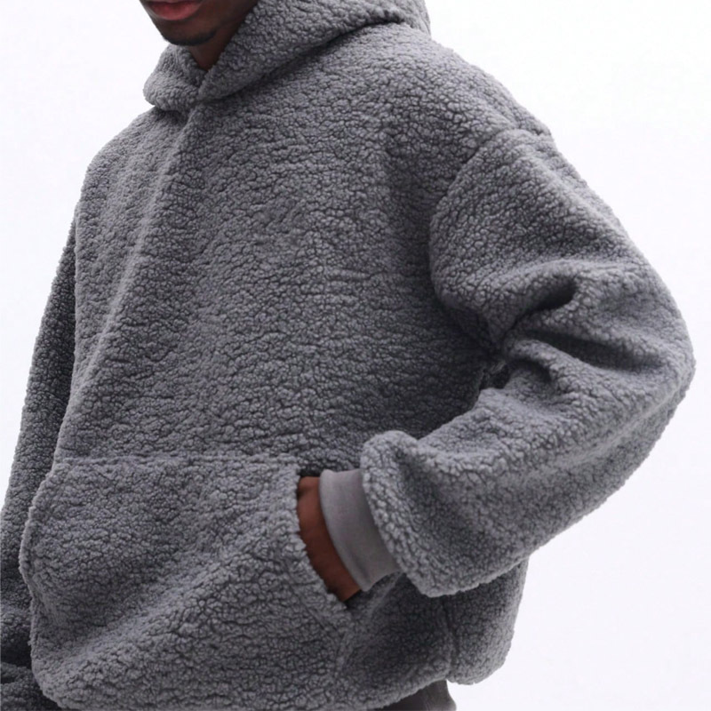 Custom Men's Sherpa Fleece Tracksuit Cropped Pullover Hoodie Set 100% Polyester Fluffy Warm Winter Streetwear Blank Two Piece