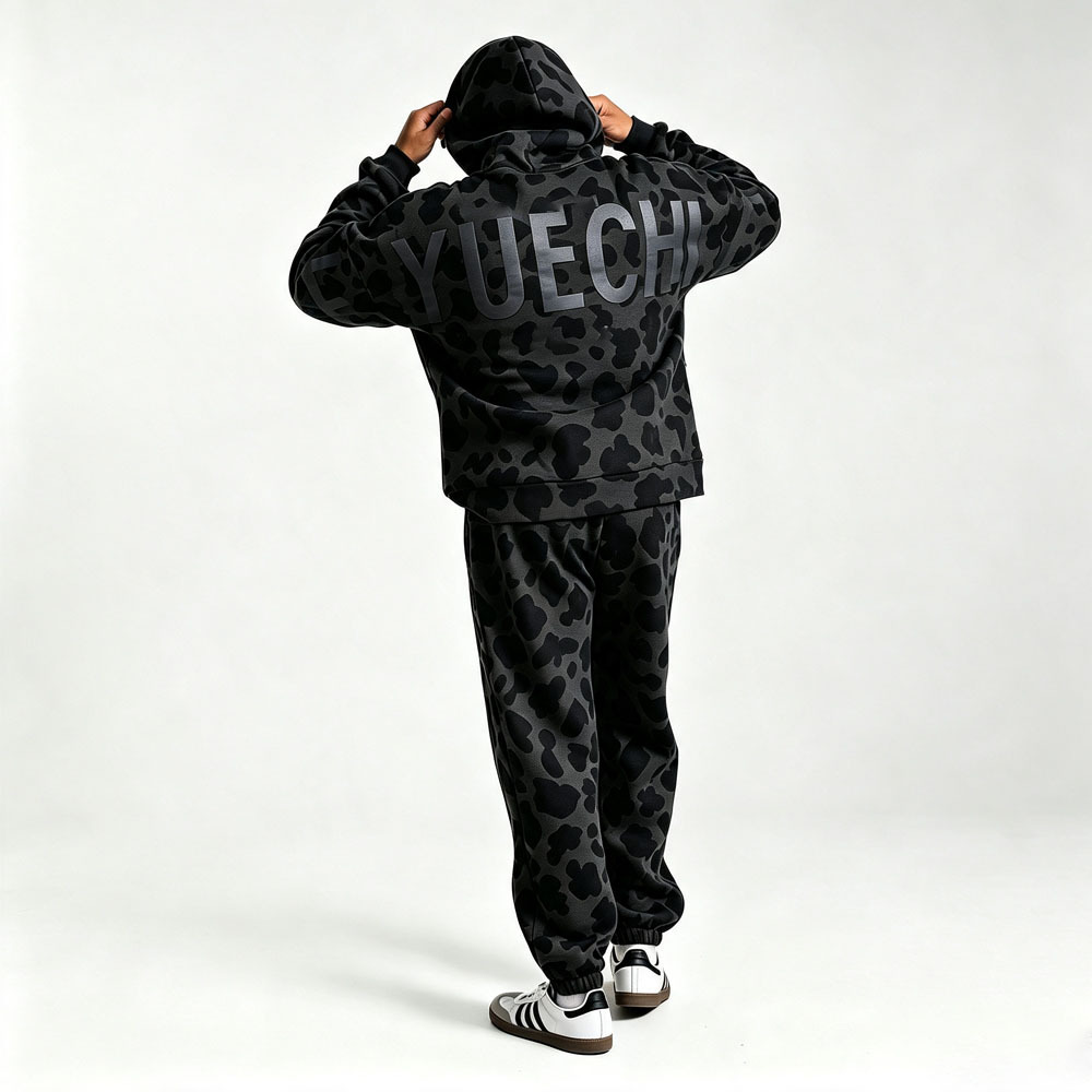 Winter Custom Leopard Patterned Screen Print Full Zip 2-Piece Boxy Fit Baggy Heavyweight 100% Cotton Fleece Men's Jogger