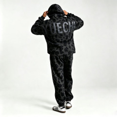 Winter Custom Leopard Patterned Screen Print Full Zip 2-Piece Boxy Fit Baggy Heavyweight 100% Cotton Fleece Men's Jogger
