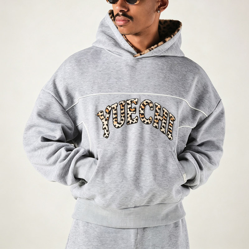 Men Oversized Heavyweight 100% Cotton Fleece Leopard Lining Applique DTG Print Contrast White Piping Wide Leg Hip Hop Tracksuit