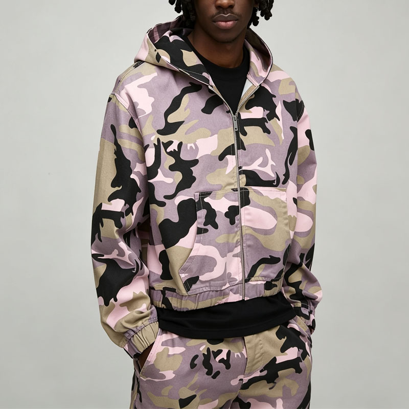 Custom Camo Twill 100% Cotton Full Zip 2 Pieces Hooded Boxy Fit Cropped Wide Leg Pink Purple Men's Lightweight Tracksuit Set
