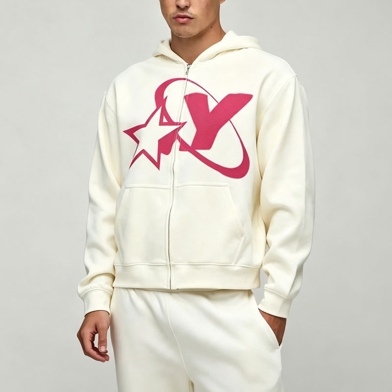 Custom Made Screen Print 2 Pieces Full Zip Boxy Cropped Wide Leg French Terry Cotton Graphic Men's Ivory Tracksuit Set