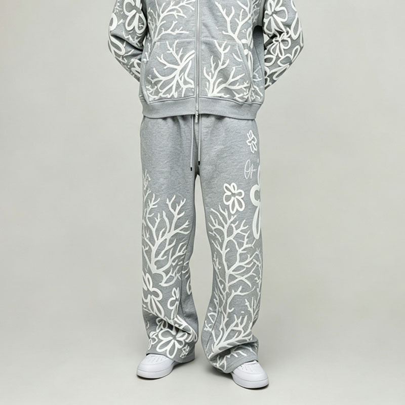 Custom 100% Cotton French Terry 3D Foam Puff Printing Full Zip 2 Pieces Boxy Fit Cropped Baggy Men's Heather Grey Tracksuit Set