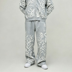 Custom 100% Cotton French Terry 3D Foam Puff Printing Full Zip 2 Pieces Boxy Fit Cropped Baggy Men's Heather Grey Tracksuit Set