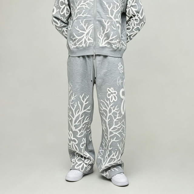 Custom 100% Cotton French Terry 3D Foam Puff Printing Full Zip 2 Pieces Boxy Fit Cropped Baggy Men's Heather Grey Tracksuit Set