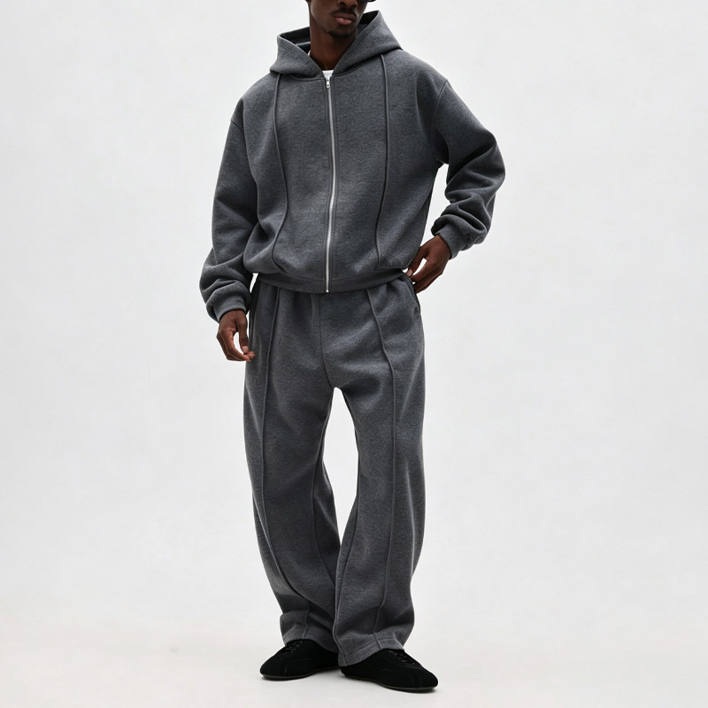 Custom Men Charcoal Cropped Full Zip Hoodie Tracksuit Heavyweight Fleece Vertical Seam Wide Leg Sweatpants Streetwear