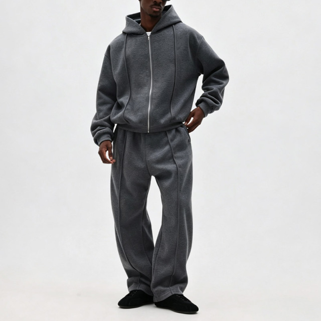 Custom Men Charcoal Cropped Full Zip Hoodie Tracksuit Heavyweight Fleece Vertical Seam Wide Leg Sweatpants Streetwear