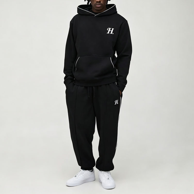 Custom Mens Regular Fit Embroidered Piped Hoodie Jogger Tracksuit Cotton Blend Solid Black Tall Sizing Casual Streetwear
